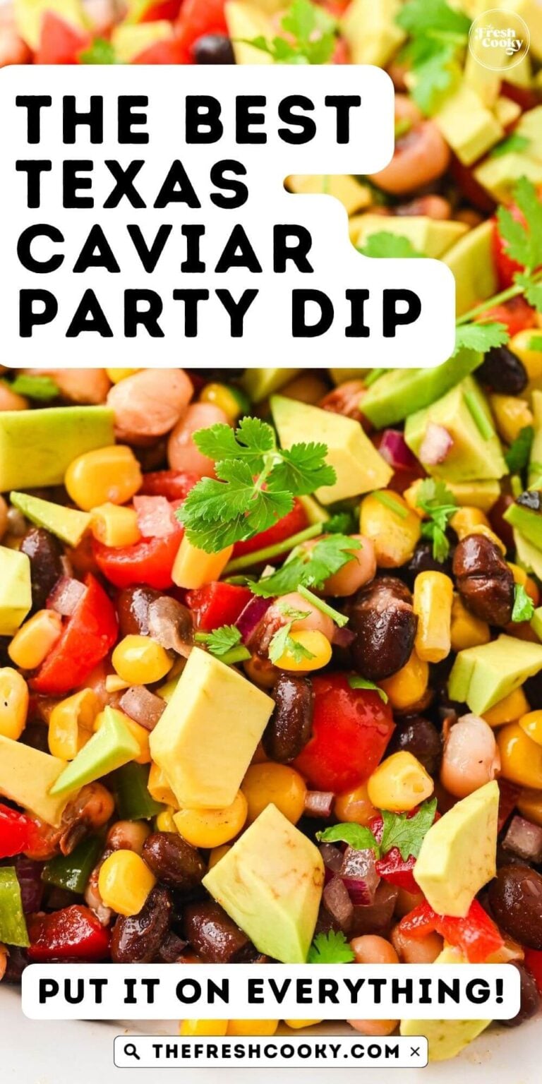 Texas Cowboy Caviar closeup, with corn, beans, chopped veggies in a light lime dressing, for pinning.