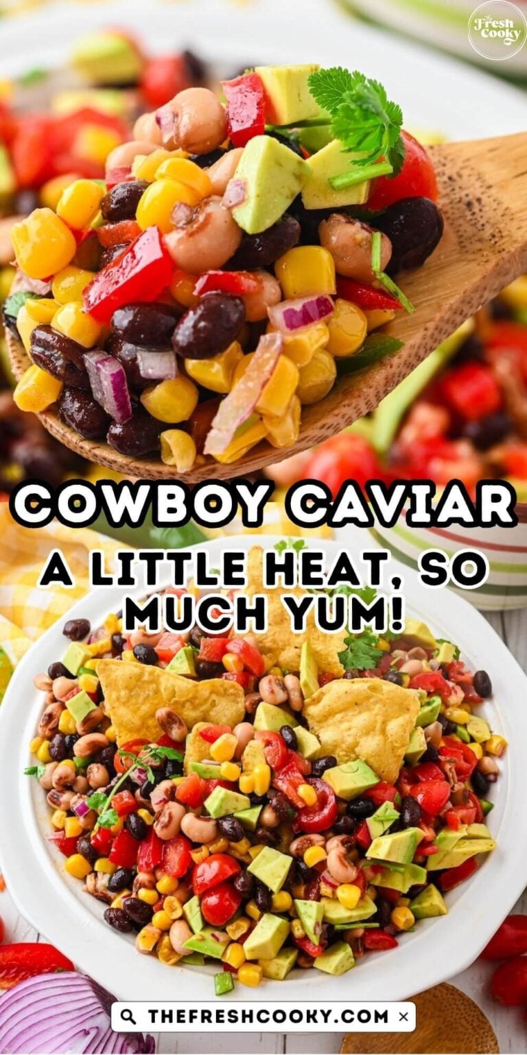 A serving of cowboy caviar on a spoon and in a pretty white bowl, a bright, gluten-free, dairy-free, vegan bean and veggie dip, to pin.