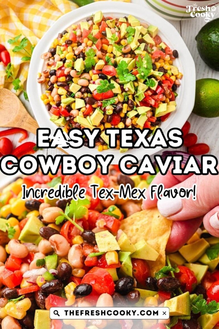 Looking down on a white bowl filled with Texas caviar or Cowboy caviar a bean, black-eyed pea and veggie Tex-Mex dip, hand dipping a tortilla chip into the dip, for pinning.