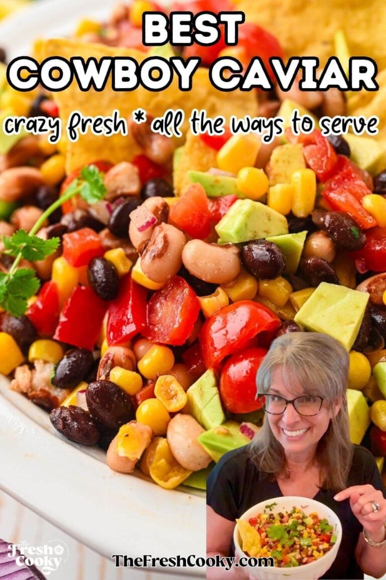 The Fresh Cooky Kathleen holding a bowl of Cowboy caviar, fresh tomatoes, beans, avocado, jalapeno, and corn topped with cilantro, for pinning.