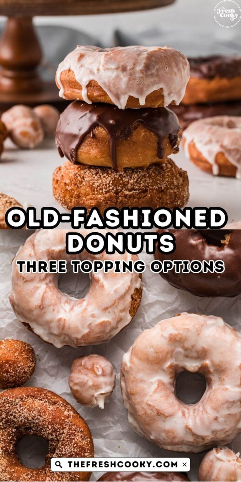 Three stacked old fashioned donuts one cinnamon sugar, one chocolate and one vanilla glazed, plus donut holes, to pin.
