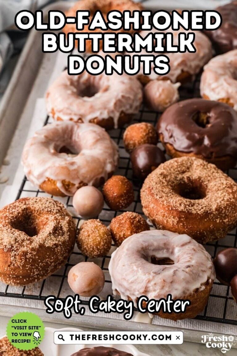 Old fashioned homemade donuts on a wire rack (plus donut holes) glazed with vanilla, chocolate and cinnamon sugar, to pin.