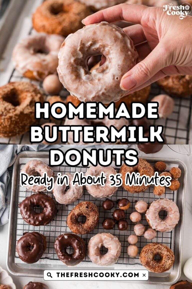 Hand grabbing a glazed buttermilk donut with others in the background and on a wire rack, with all toppings and donut holes too. For pinning.