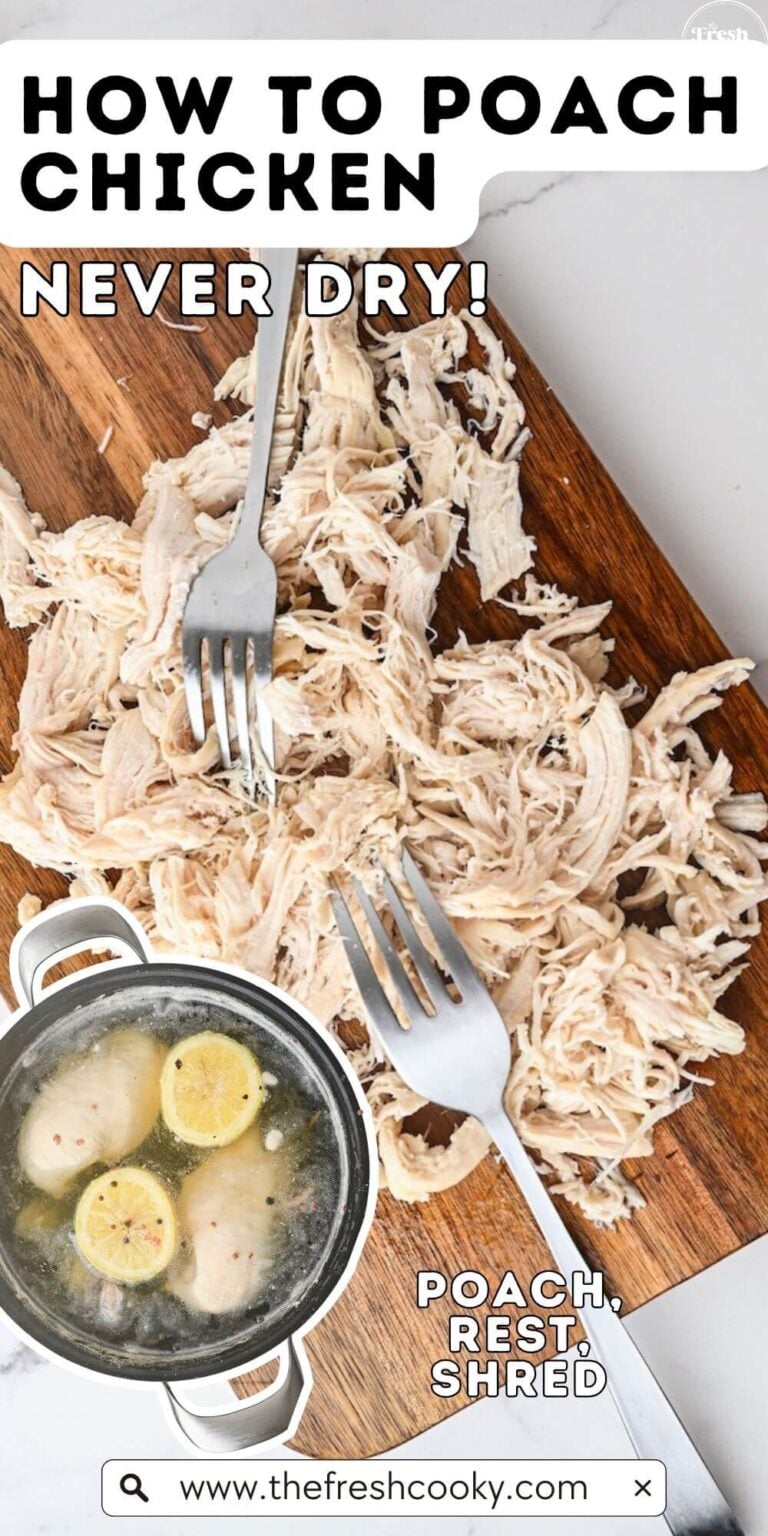 Shredding chicken on a cutting board with a pot of water with lemon and herbs and chicken showing how its done, to pin.