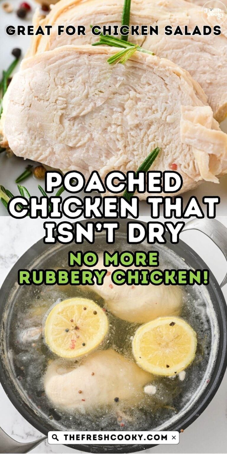 Sliced poached chicken with rosemary, and chicken in pot with lemon and herbs, for pinning.