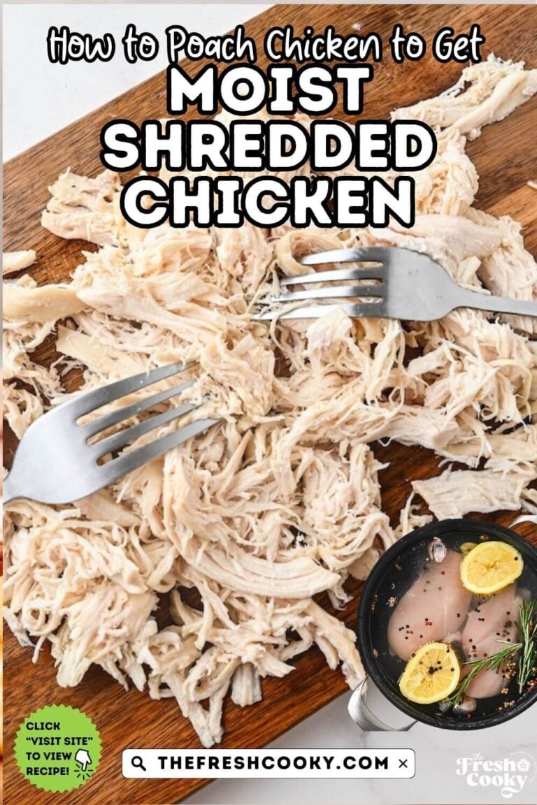 Shredded chicken moist and tender on a cutting board with two forks, plus a pot of water filled with boneless skinless chicken breasts and aromatics. To pin.
