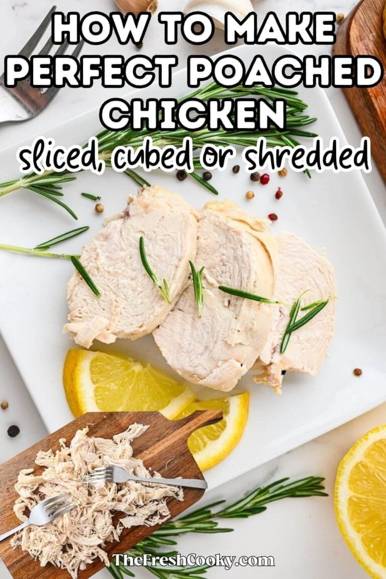 Slices of juicy, tender, chicken with shredded chicken overlay, for pinning.