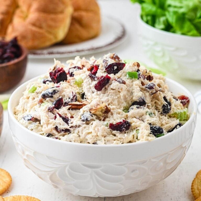 A pretty bowl full of cranberry chicken salad that used this poached chicken method.