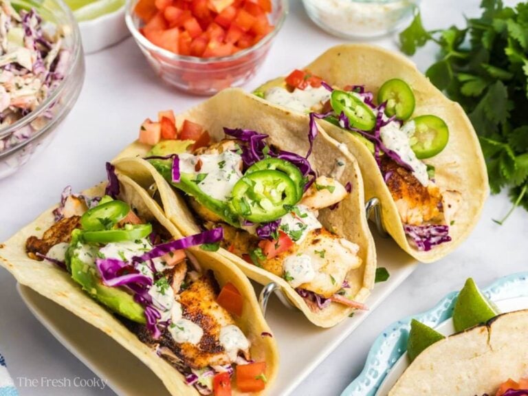 Three tilapia fish tacos in a taco holder, topped with jalapenos, slaw and avocado.