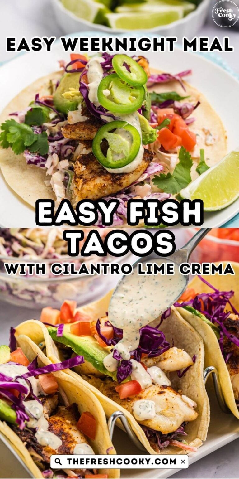 Tilapia fish tacos on a plate being built and drizzling the crema on top - for pinning.