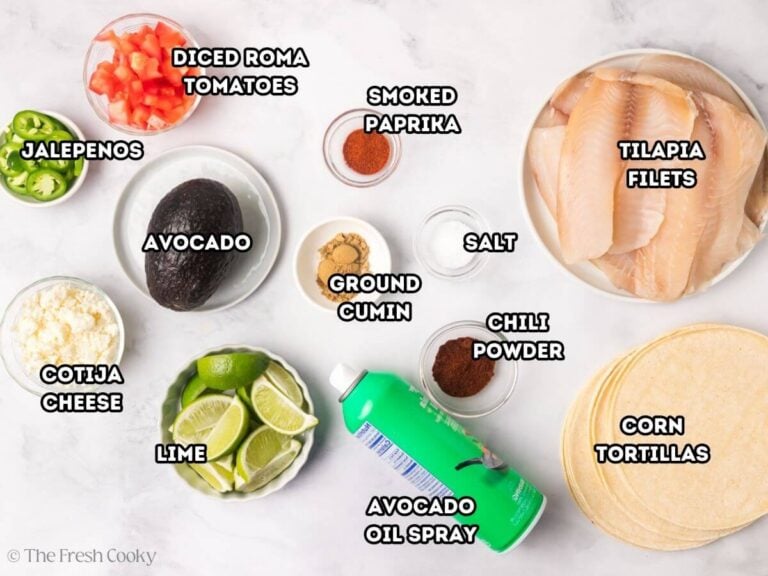 Ingredients needed to make tilapia fish tacos.