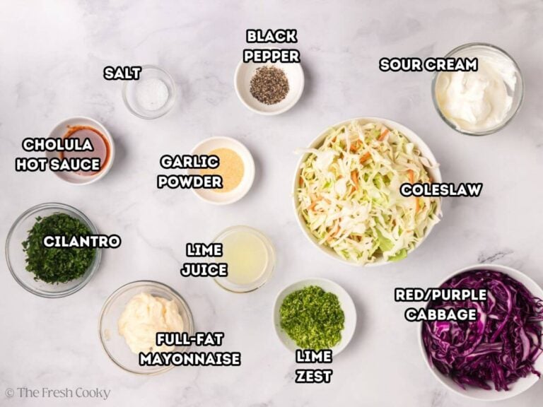 Ingredients needed to make coleslaw for fish tacos.