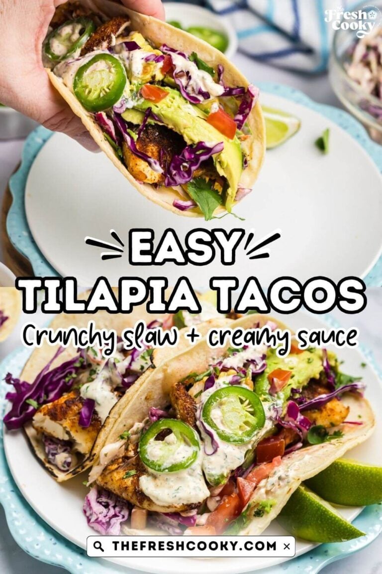 Hand holding a tilapia fish taco and tacos topped with crema, coleslaw, tomatoes and jalapenos, for pinning.