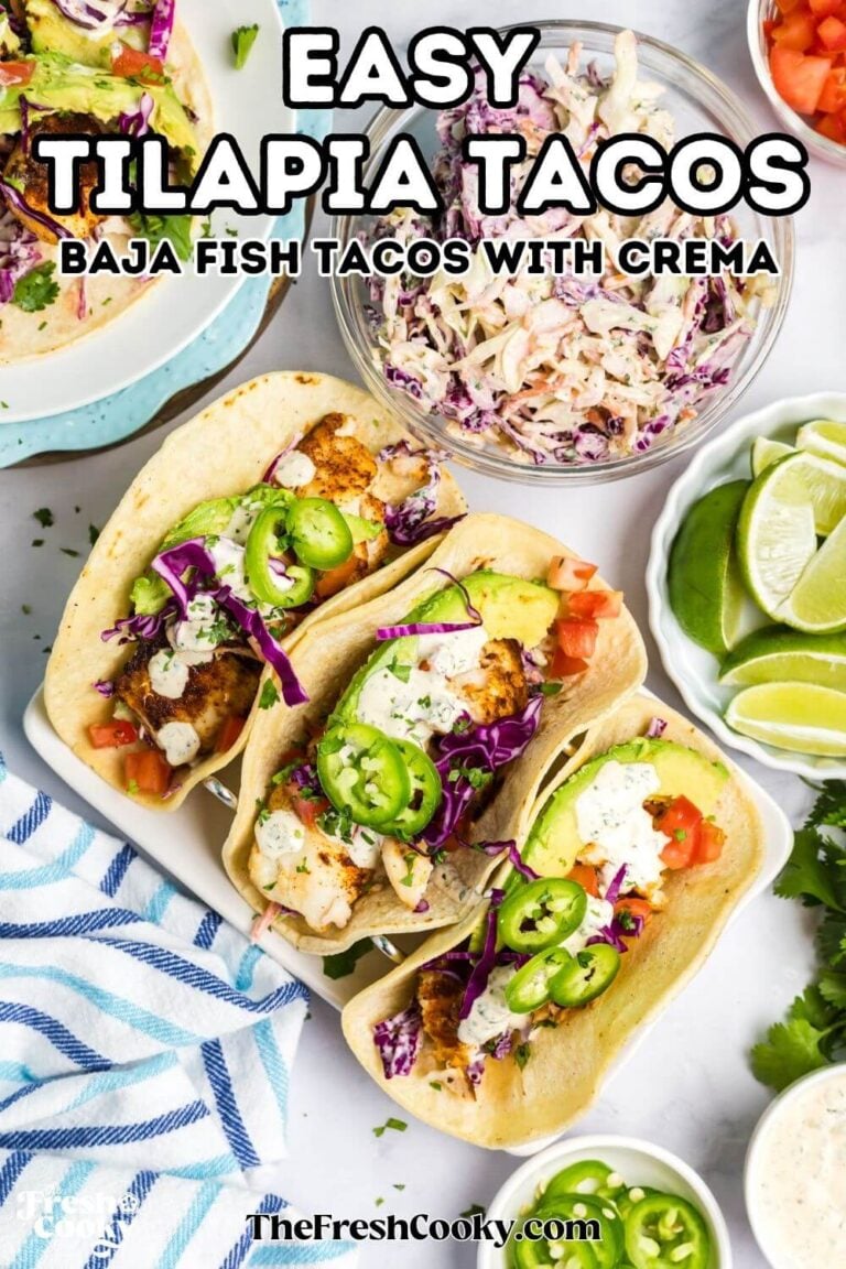 Cilantro lime crema tossed coleslaw and three fish tacos, topped with avocado, crema, tomatoes and coleslaw, for pinning.