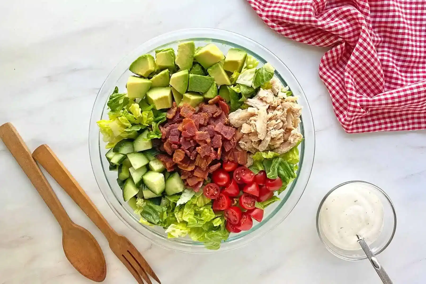 Chicken Bacon Ranch Salad in a glass bowl before mixing.