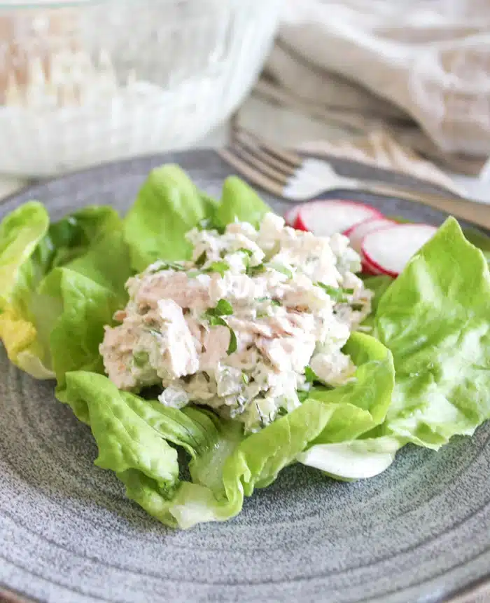 A serving of Greek yogurt chicken salad on a bed of lettuce.