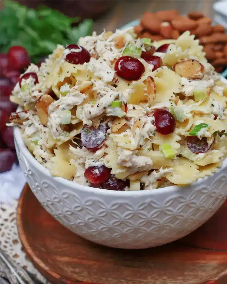 Chicken Waldorf Pasta Salad in a bowl.