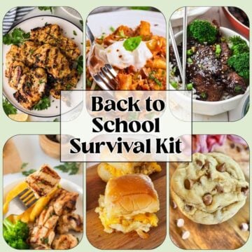 Six photos of meals for a back to school survival kit.