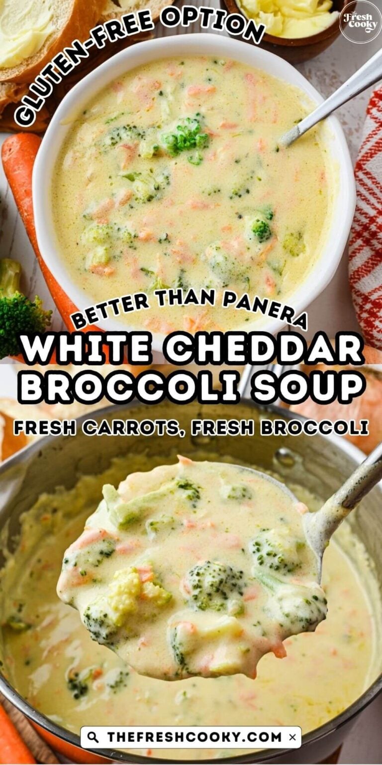 Looking down on a bowl full of broccoli cheddar soup, with fresh broccoli and carrots, and a ladle serving up a healthy creamy serving of the soup, for pinning.