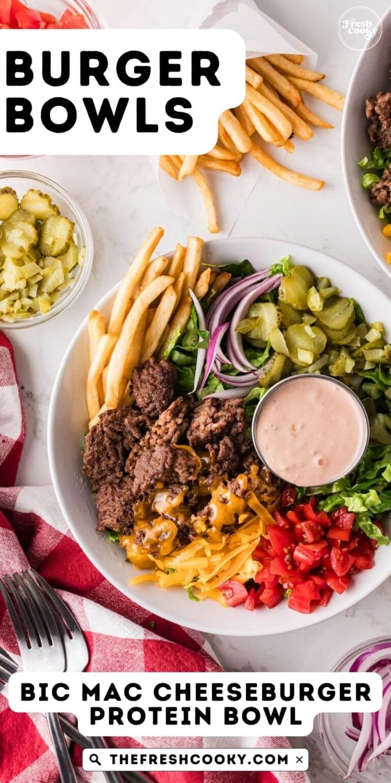 Big Mac Burger bowl, pickles, sauce, lettuce, cheese with French fries for pinning.