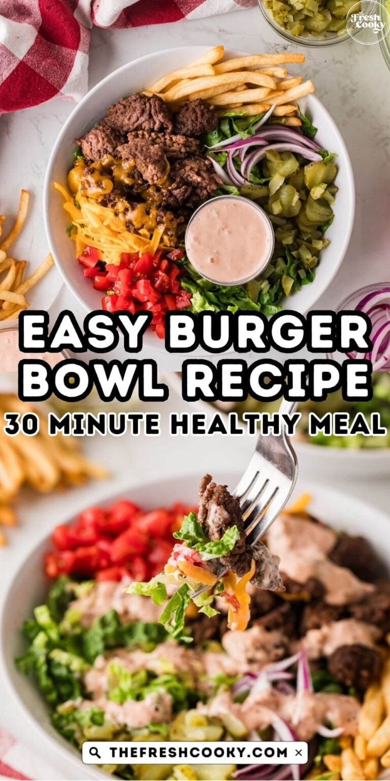 Taking a bite of a burger bowl and looking down on a cheeseburger bowl, special sauce, tomatoes, pickles, cheese, for pinning.