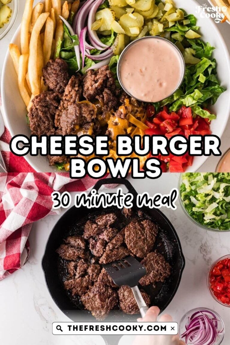 Cheeseburger bowls assembled with burger fixings in a bowl, salad style with special sauce, and showing how to make the burger pieces, for pinning.
