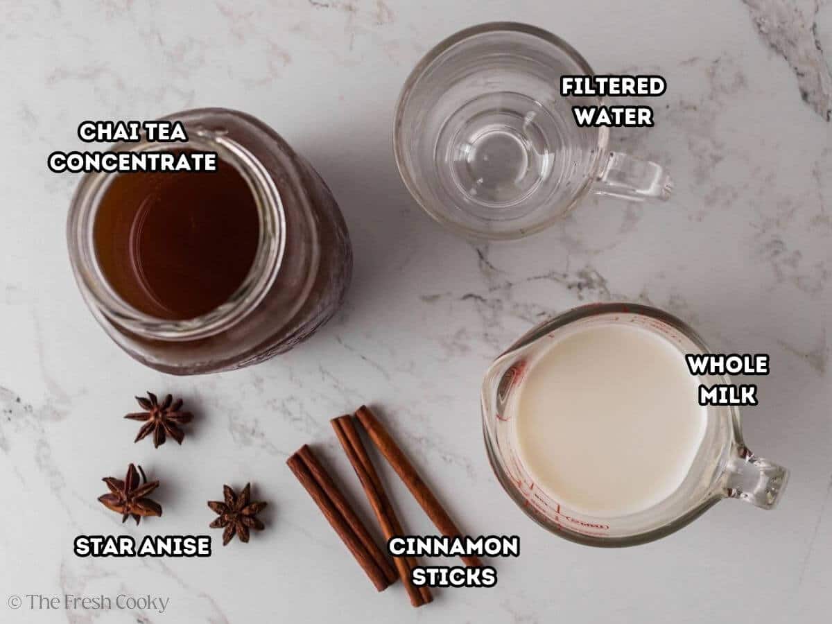 Ingredients needed to make homemade chai tea latte.