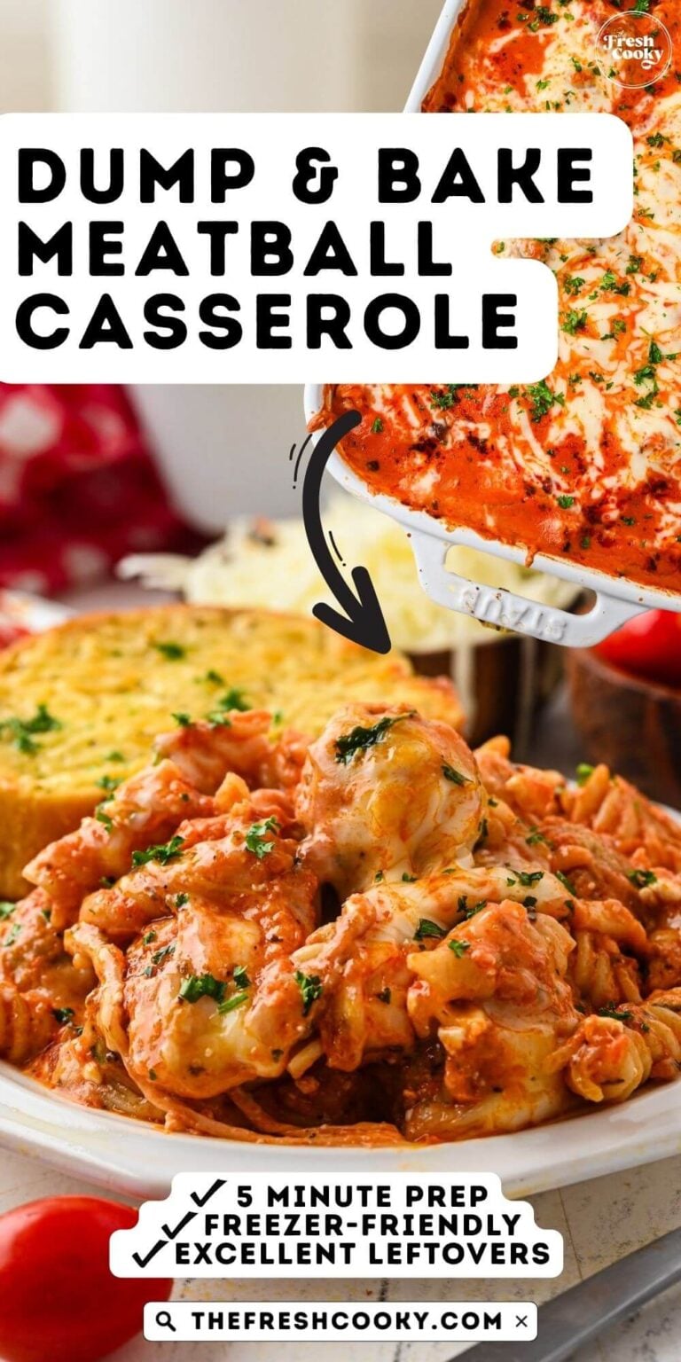 A pin for Pinterest with a serving of rotini and meatball casserole with a slice of garlic toast and the casserole dish in the background.