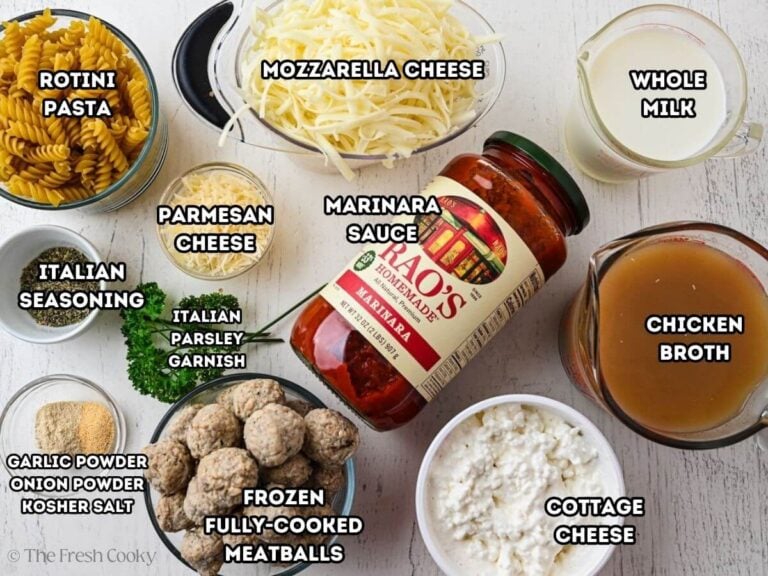 Ingredients needed to make dump and bake meatball casserole.