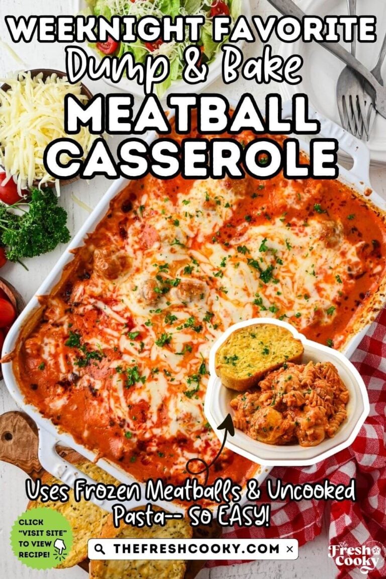 A pretty Staub casserole dish filled with gooey, cheesy, meatball casserole topped with melty cheese and an inset of a plate with a serving of meatball bake with a slice of garlic bread, for pinning.