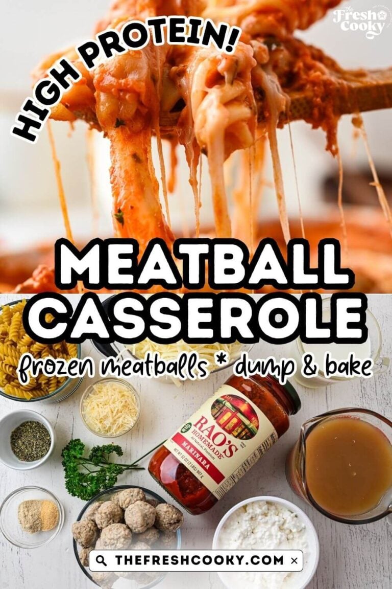Stringy, cheesy pull of a serving of meatball casserole with ingredients below for this easy weeknight meal, to pin.