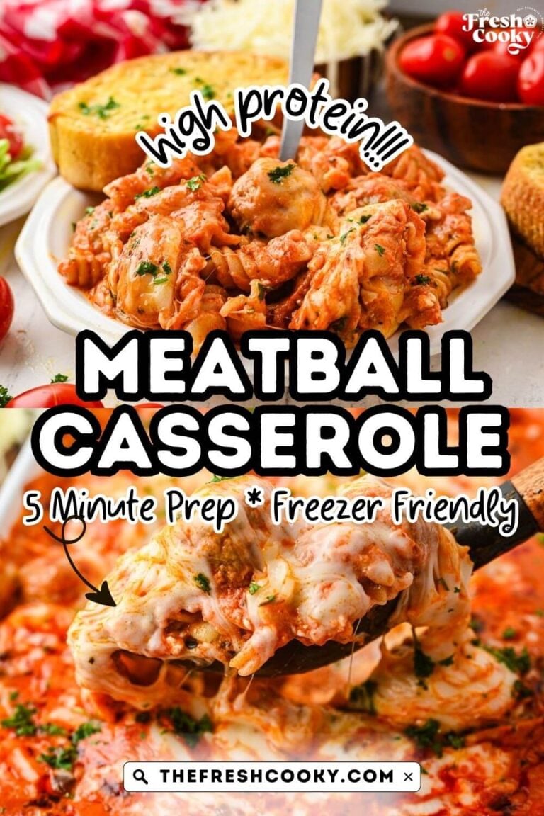 A serving of meatball casserole on a plate, served with a slice of garlic toast and another image with a spoon serving up a cheesy serving of meatball casserole, to pin.
