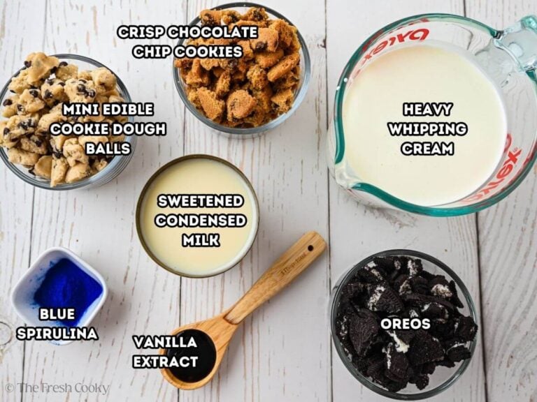 Ingredients needed to make blue monster ice cream.