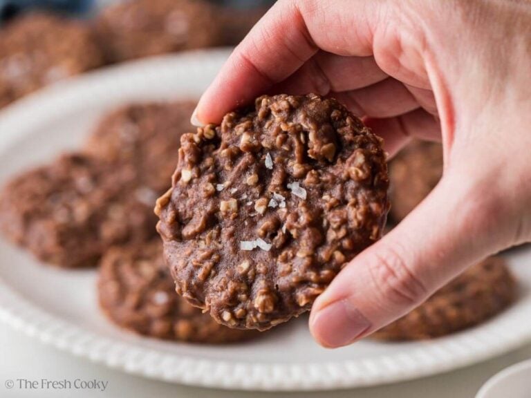 Hand holding a no bake chocolate oat cookie with sea salt on top.