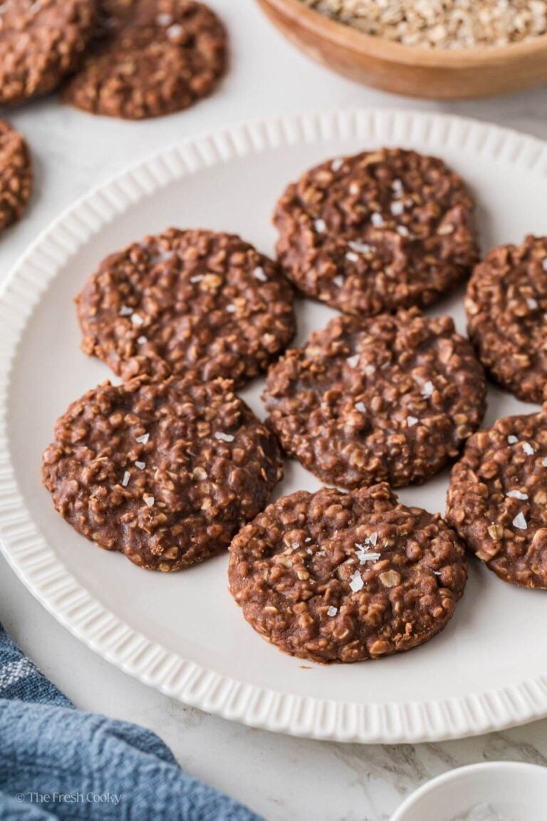 Plate of no bake chocolate oat cookies.