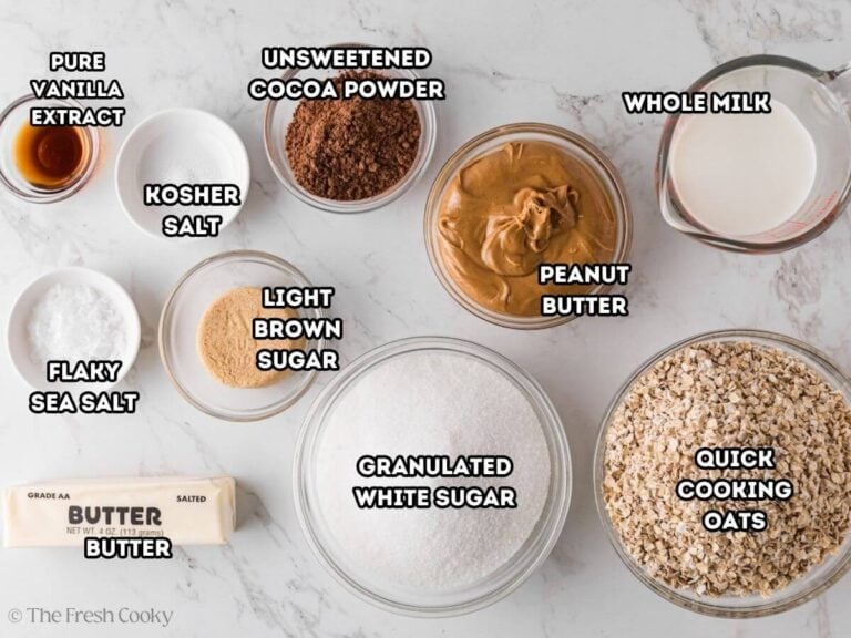 Ingredients needed to make no bake chocolate oat cookies.