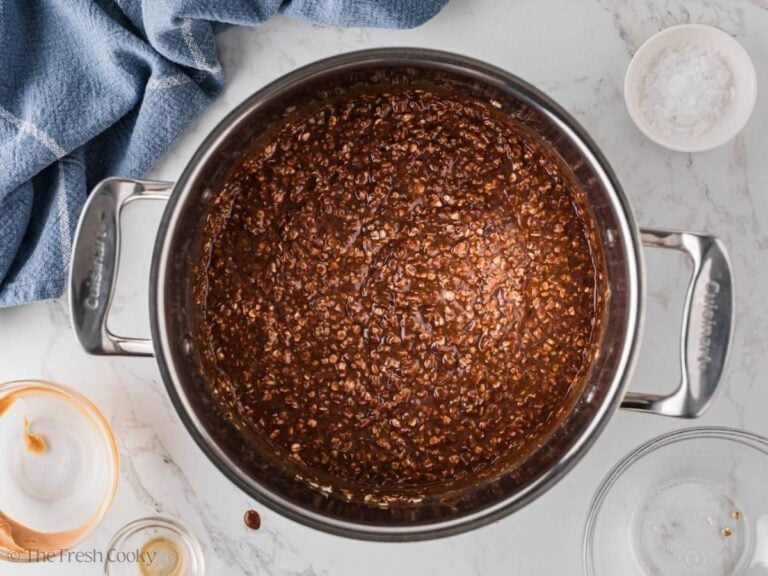 Chocolate oat cookie mixture in a saucepan.