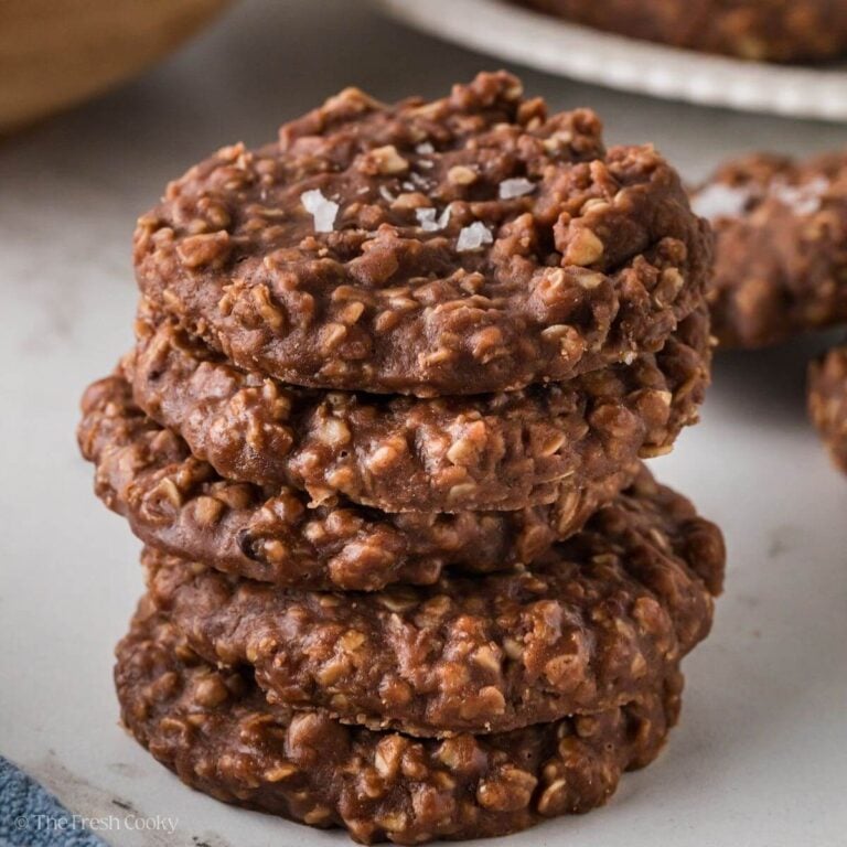 Side view of a stack of no bake chocolate oat cookies.
