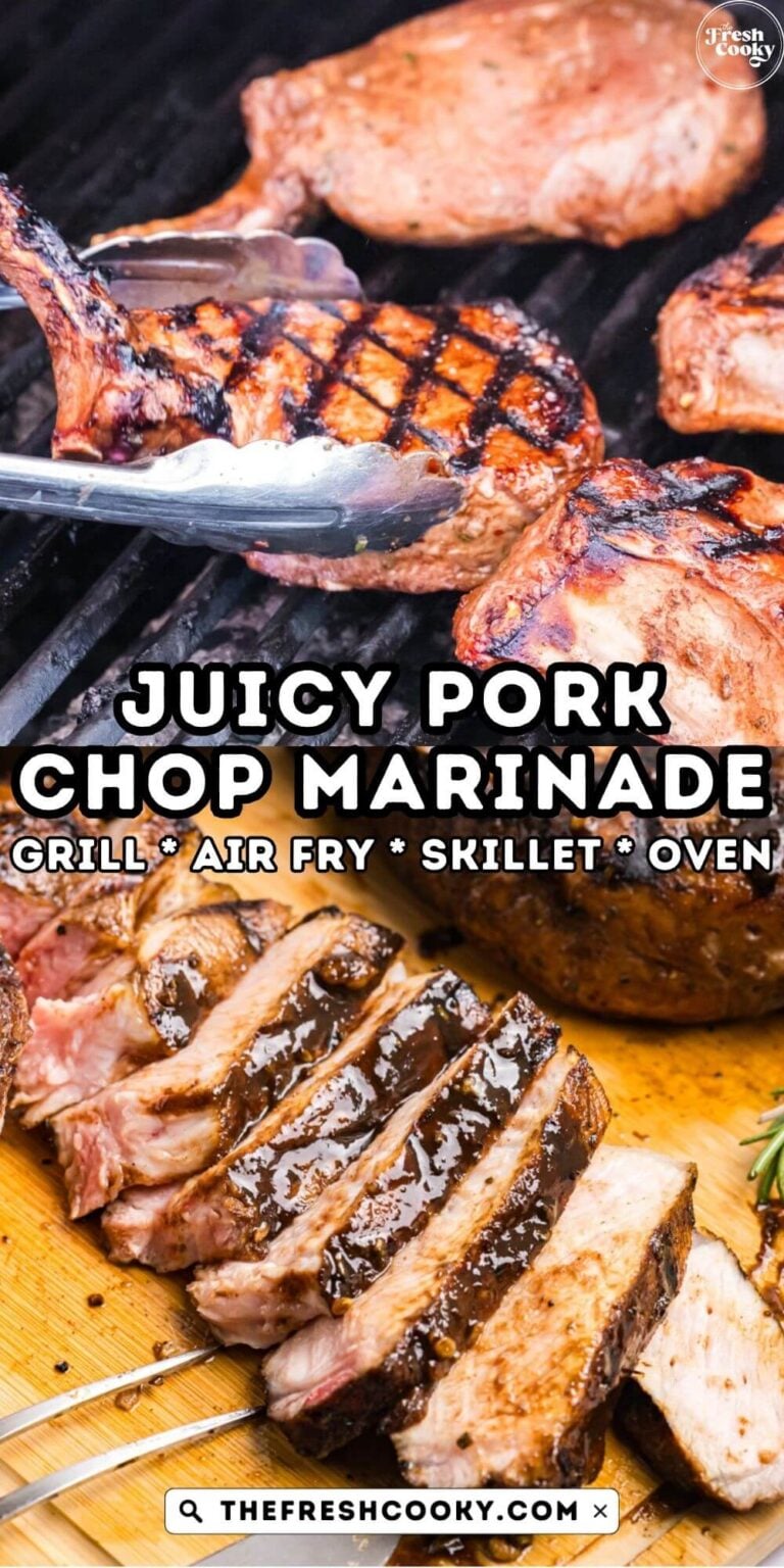 Pork chops on a grill, and sliced on a cutting board, juicy and perfectly grilled, to pin.