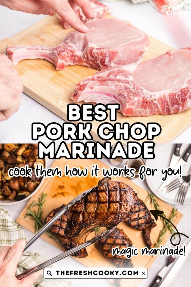 French cutting pork chops and a grilled pork chop being held with tongs, for pinning.