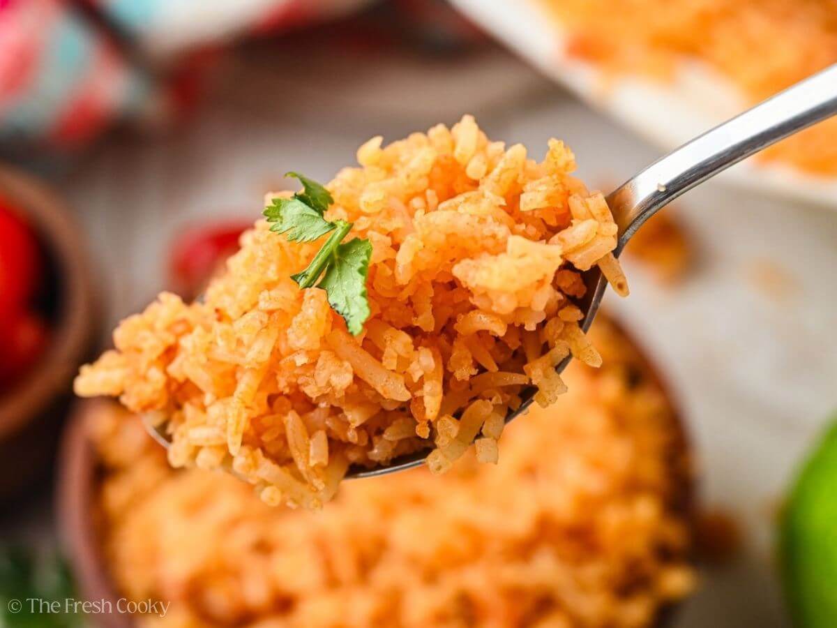 Spoon scooping up a portion of Spanish rice.