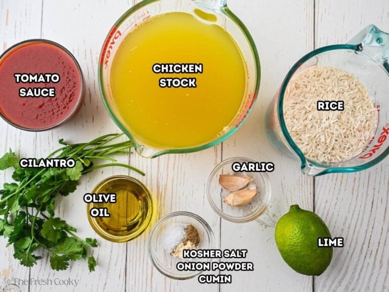 Ingredients needed to make Spanish rice.