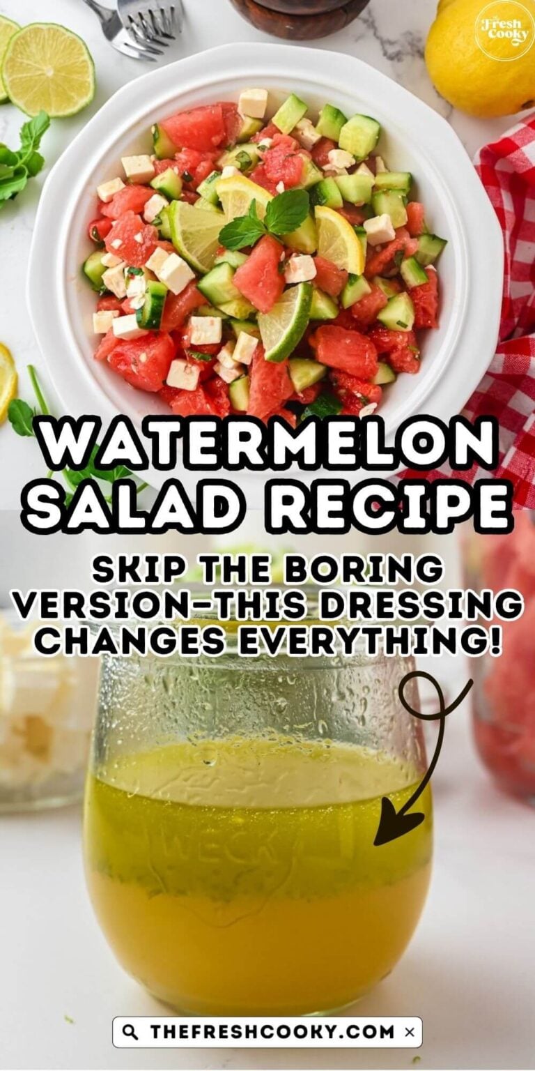 Honey lime dressing in a pretty jar, with the watermelon feta cucumber salad in a large white bowl, to pin.
