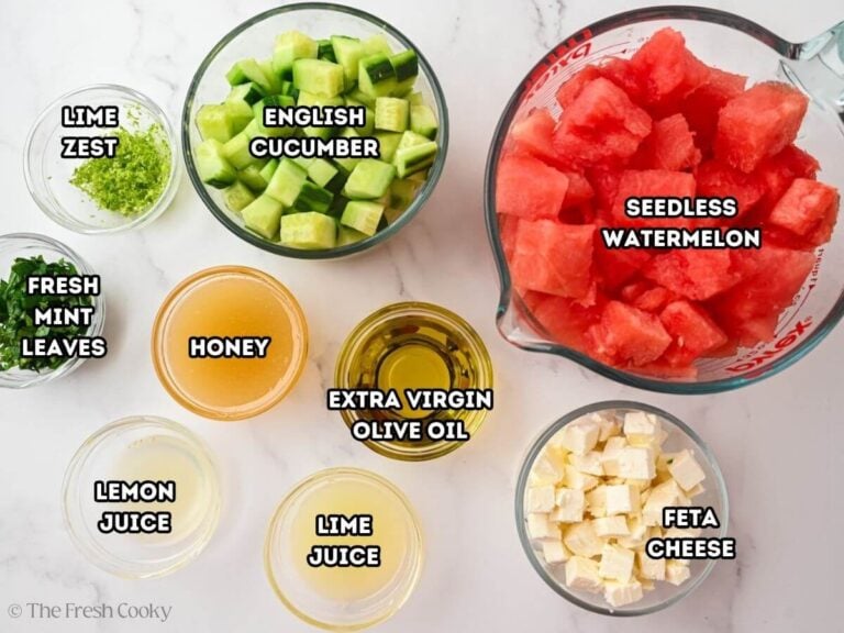 Ingredients needed to make watermelon cucumber salad.