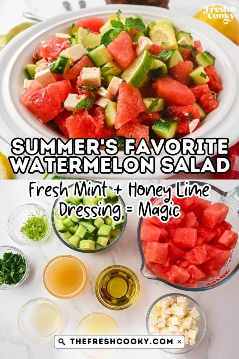 Watermelon feta cucumber salad in a pretty white bowl and all of the ingredients for this summer salad, to pin.