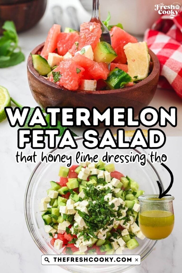 Bright and crisp watermelon salad with cucumber and feta, in a honey lime dressing, to pin.