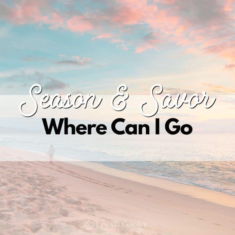 A lone person walking along a beach into a sunset, on the farthest side of the sea, with text Season and Savor, Where Can I Go?