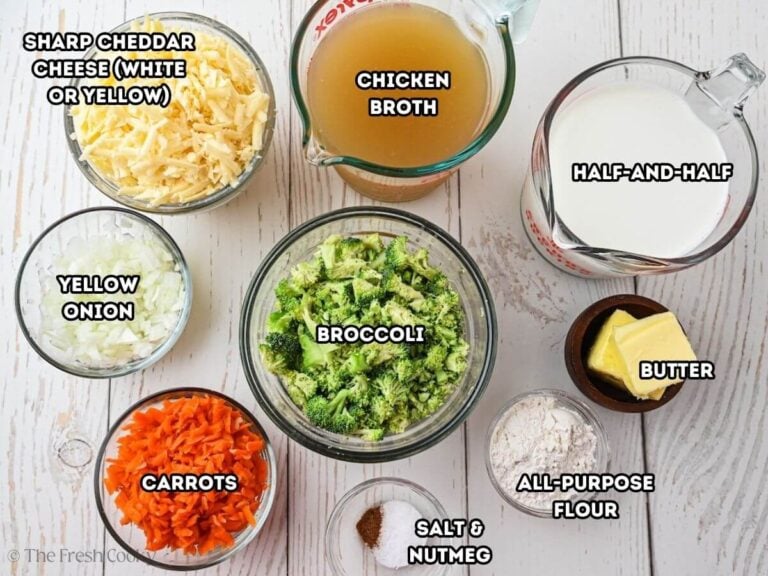 Ingredients needed to make broccoli cheese soup.