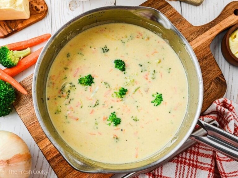 Finished broccoli cheese soup in a pot.