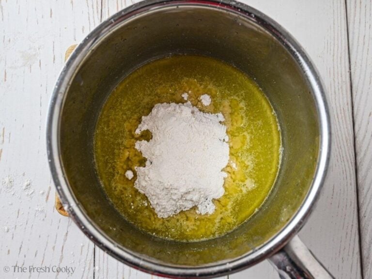 Flour added to the saucepan of butter.